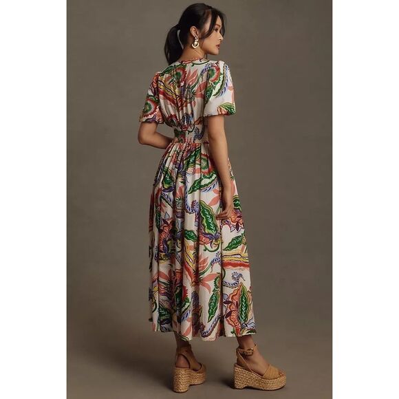 Anthropologie The Katerina Button Front Dress Floral Puff Cream Motif Medium NEW - Picture 5 of 6